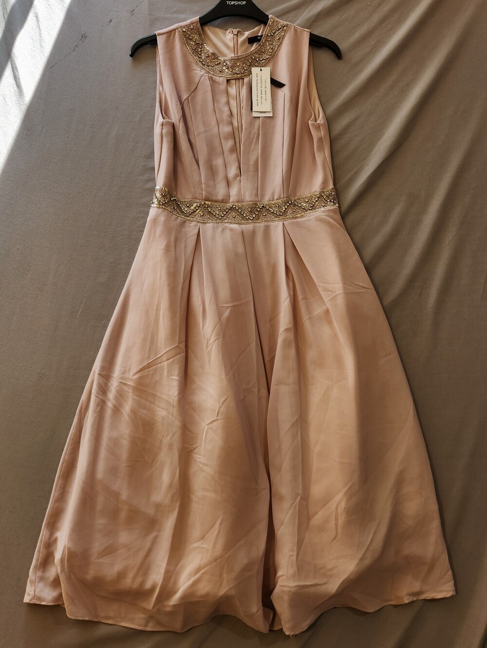Topshop Pale Blush Midi Dress with Gold Beaded Neck and Waist